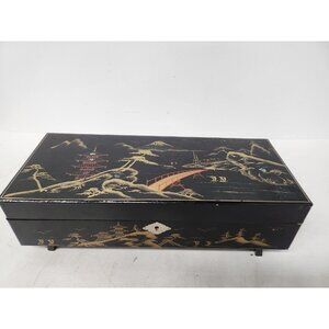 Vintage Asian Japanese Wood Hand Painted Footed Ballerina Musical Jewelry Box